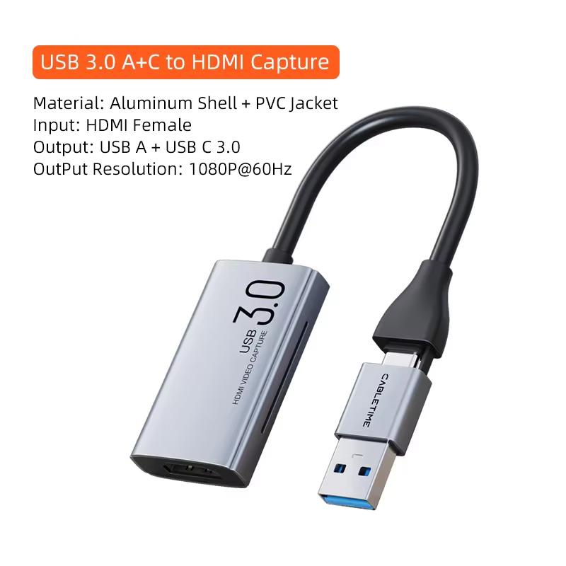 Carte de capture vidéo 4K CABLETIME avec PD 100W USB/Type-C pour PC, jeux, streaming en direct, enre