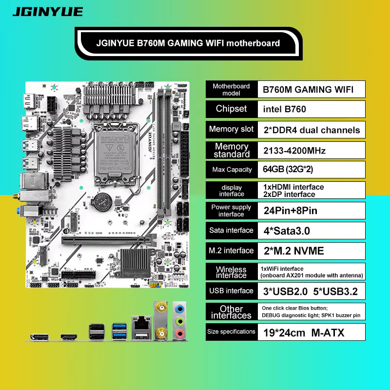 JGINYUE B760M GAMING WIFI DDR4 carte mère LGA 1700 64GB DDR4 carte mère RGB SATA M.2 prise en charge