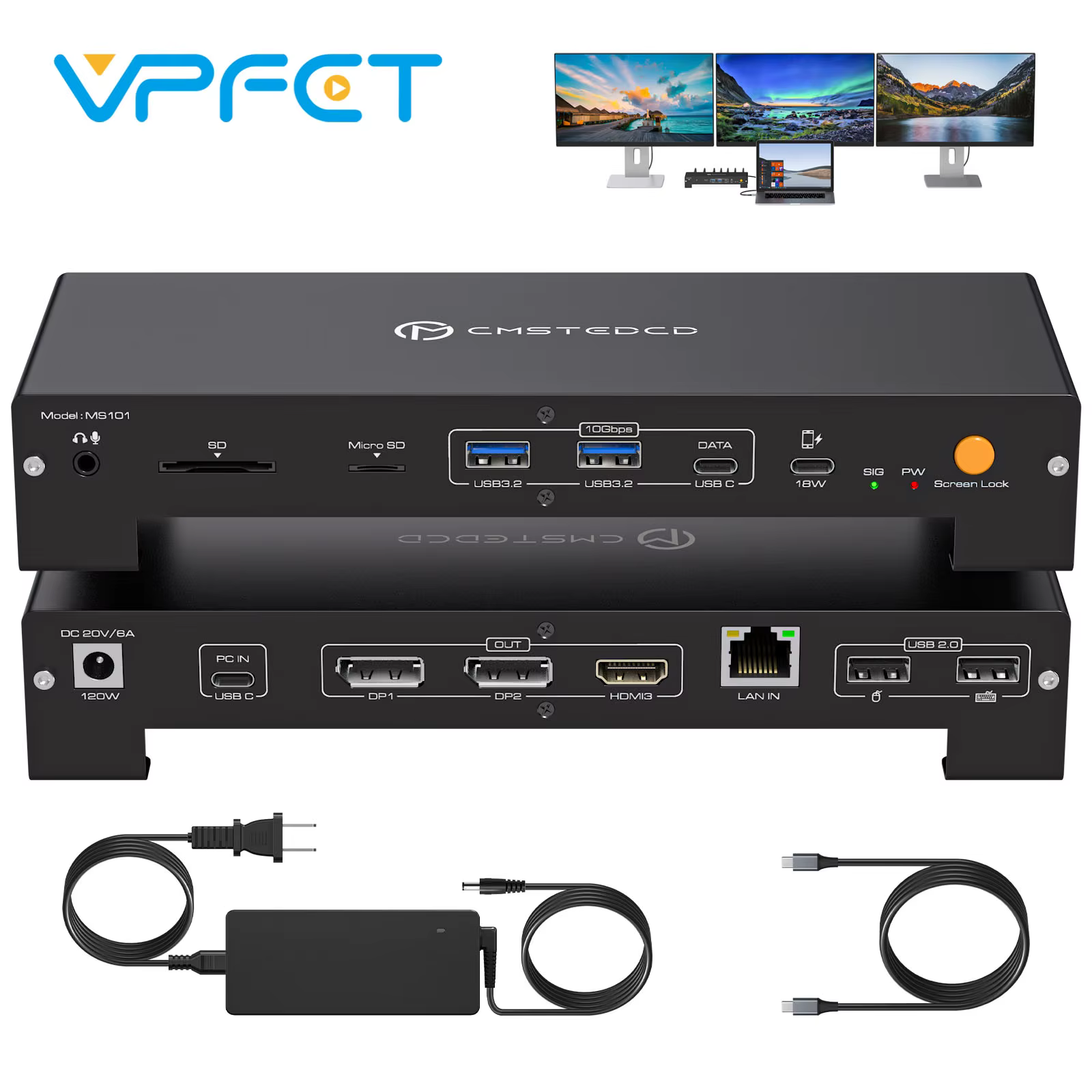 Station d'accueil USB C Triple affichage 4K @ 60Hz 1 PC partagé 3 moniteurs avec chargement PD HDMI