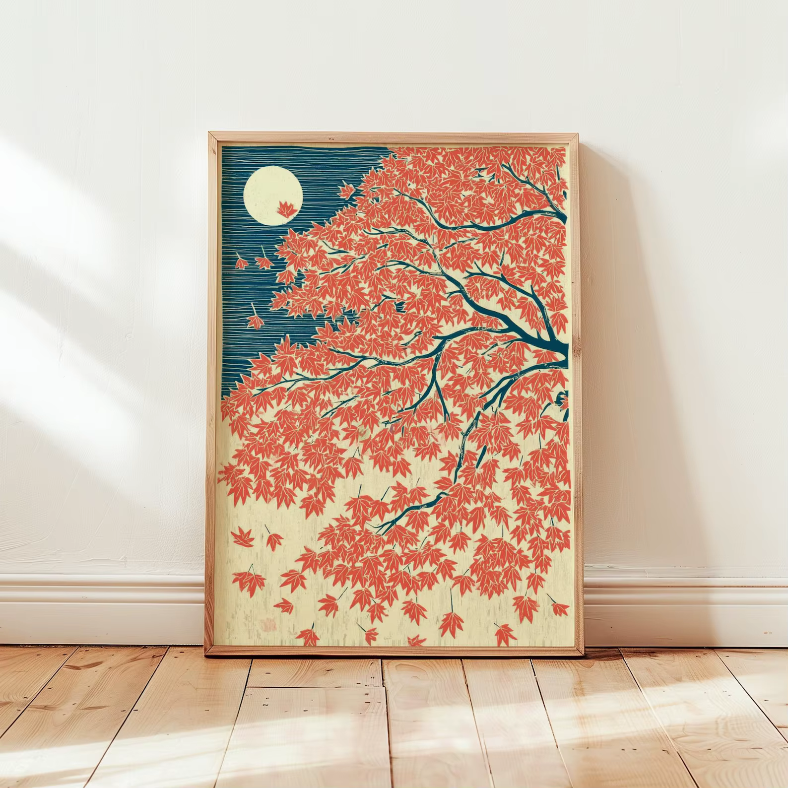 Affiche d'automne en érable japonais, art mural rouge et bleu, illustration de paysage au clair de l