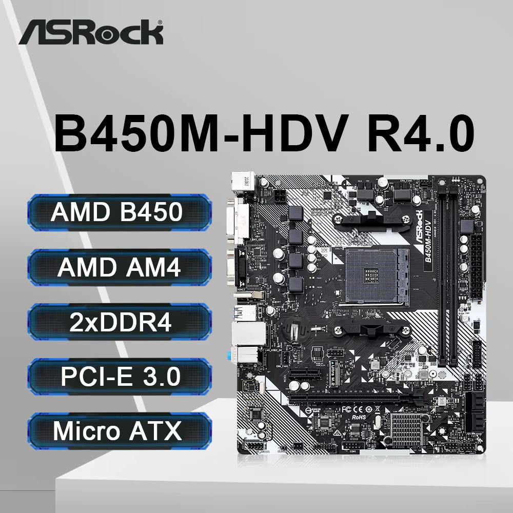 ASRock B450M-HDV R4.0 carte mère 2xDDR4 DIMM mémoire M.2 NVME SATA3 AM4 carte mère prend en charge R