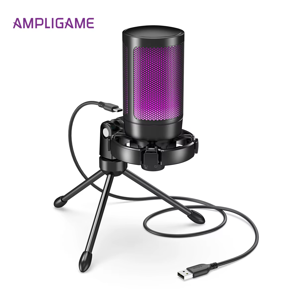 AmpliGame par FIFINE RGB USB Microphone de jeu avec sourdine tactile, micro à condensateur avec trép