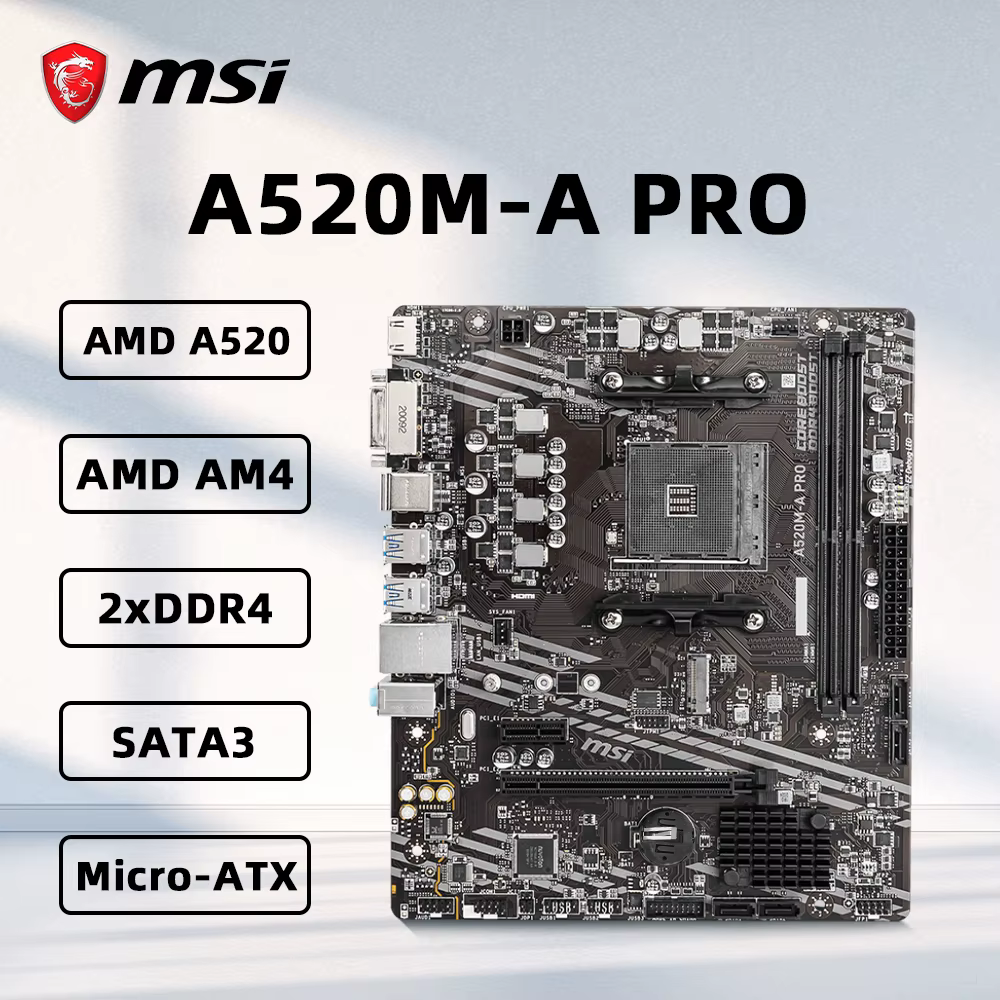 Carte mère MSI A520M-A PRO compatible avec les processeurs Ryzen 5 5600G, Ryzen 5 5700G, 5700X, 5800
