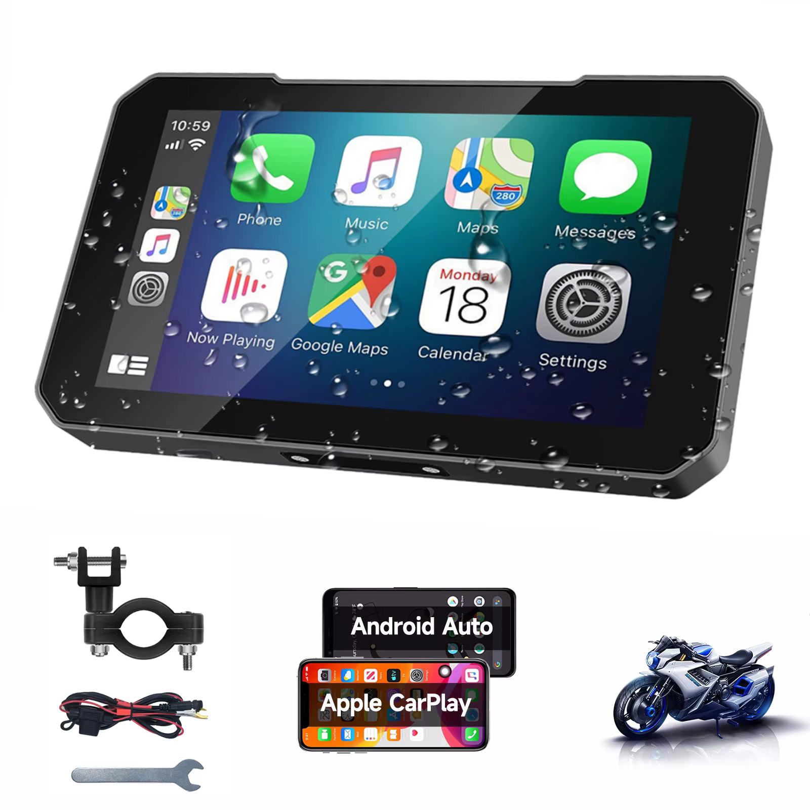 Navigateur GPS portable pour moto de 5 pouces avec écran tactile sans fil Carplay/Android Auto