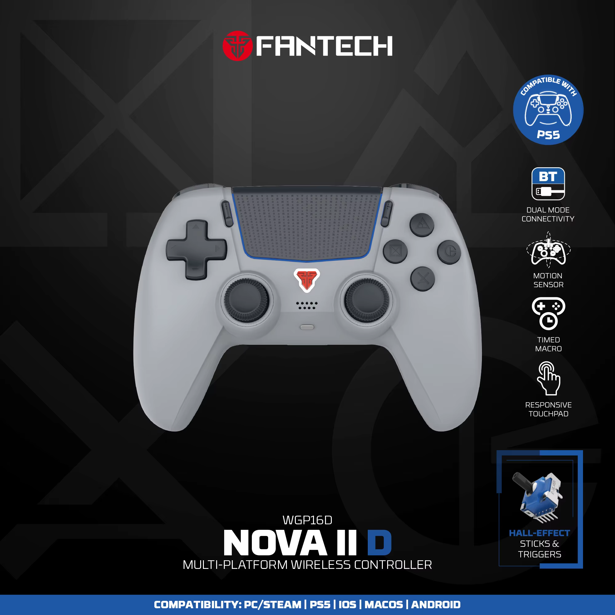 Manette de jeu FANTECH NOVA IID WGP16D avec effets Hall, vibration, joystick à effet Hall, Bluetooth