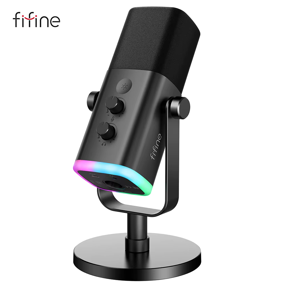 FIFINE Microphone dynamique USB/XLR avec contrôle RGB/prise casque/muet, micro pour enregistrement d