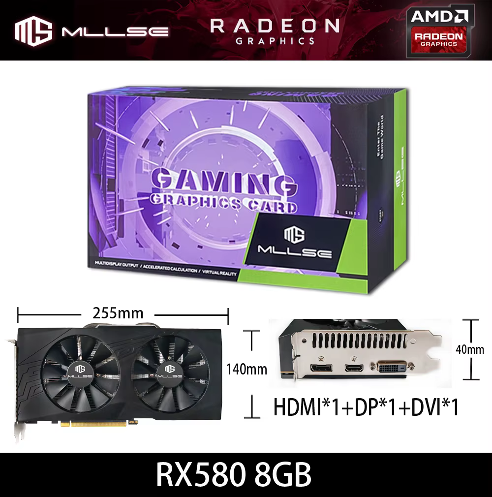 MLLSE AMD RX 580 8GB 2048SP carte graphique De jeu GDDR5 256Bit PCI-E 3.0 × 16 8Pin Radeon GPU Rx 58