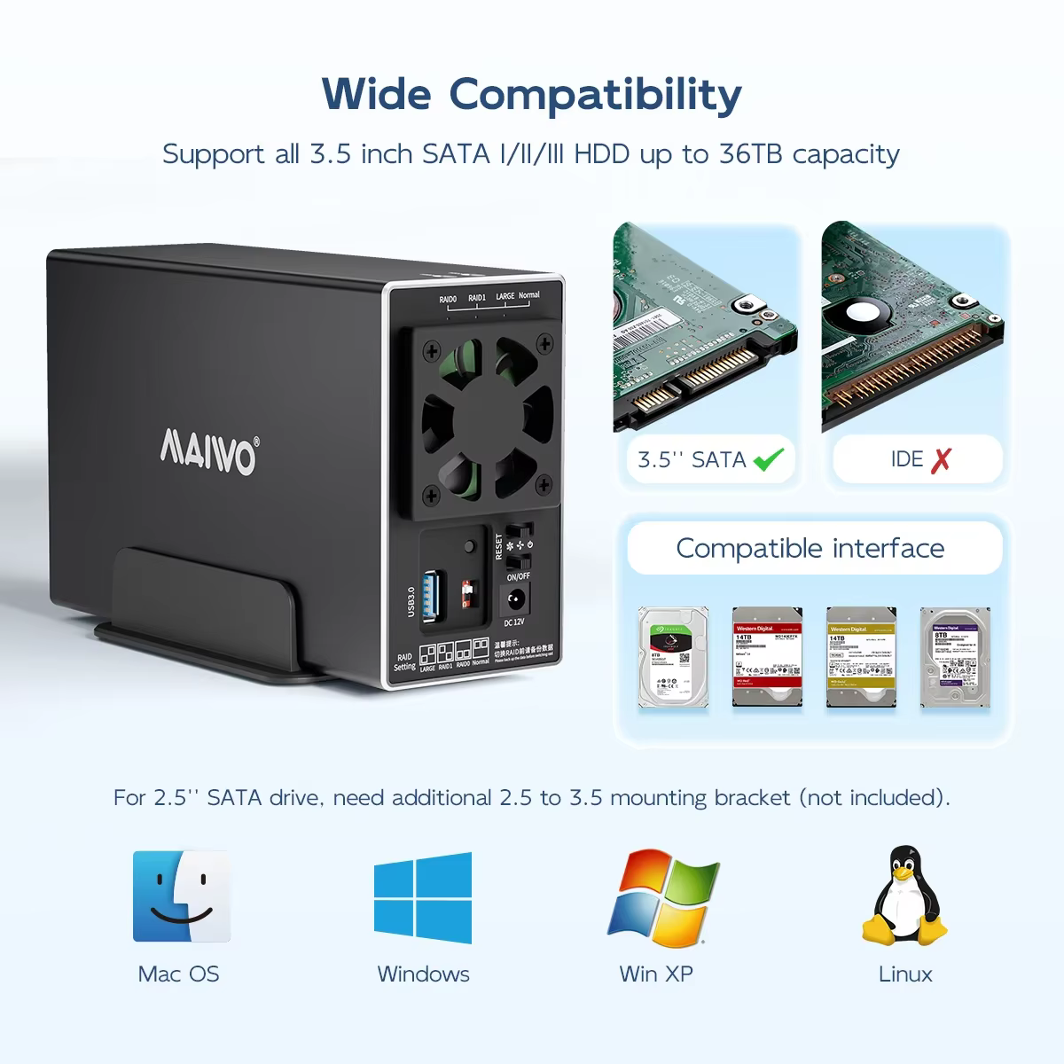 MAIWO 3.5 pouces SATA RAID HDD Station d'accueil double baie disque dur externe boîtier RAID USB3.0