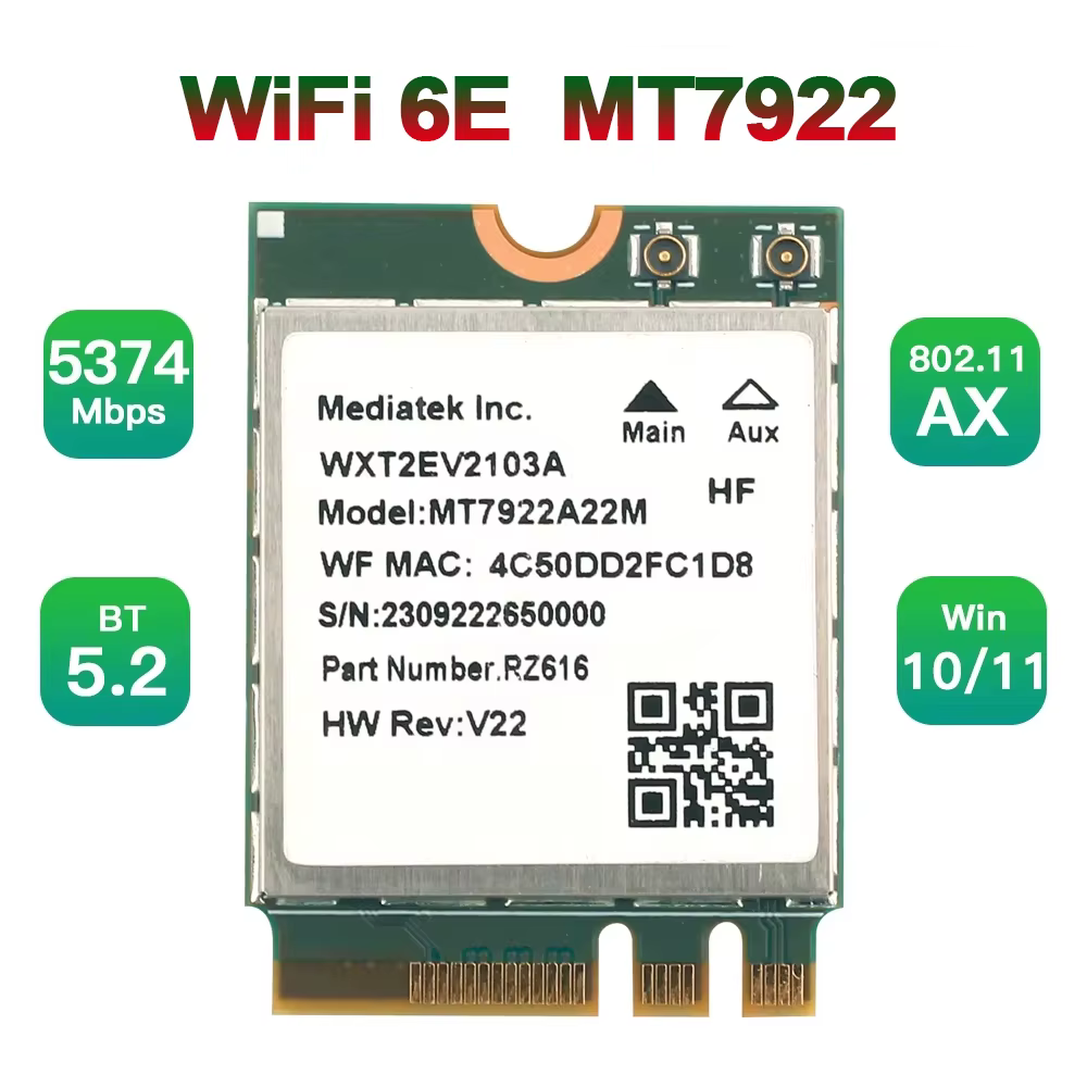 Carte sans fil WiFi 6E MT7922 M.2, 5374Mbps BT 5.2, Tri bande 2.4G/5G/6Ghz, adaptateur réseau 802.11
