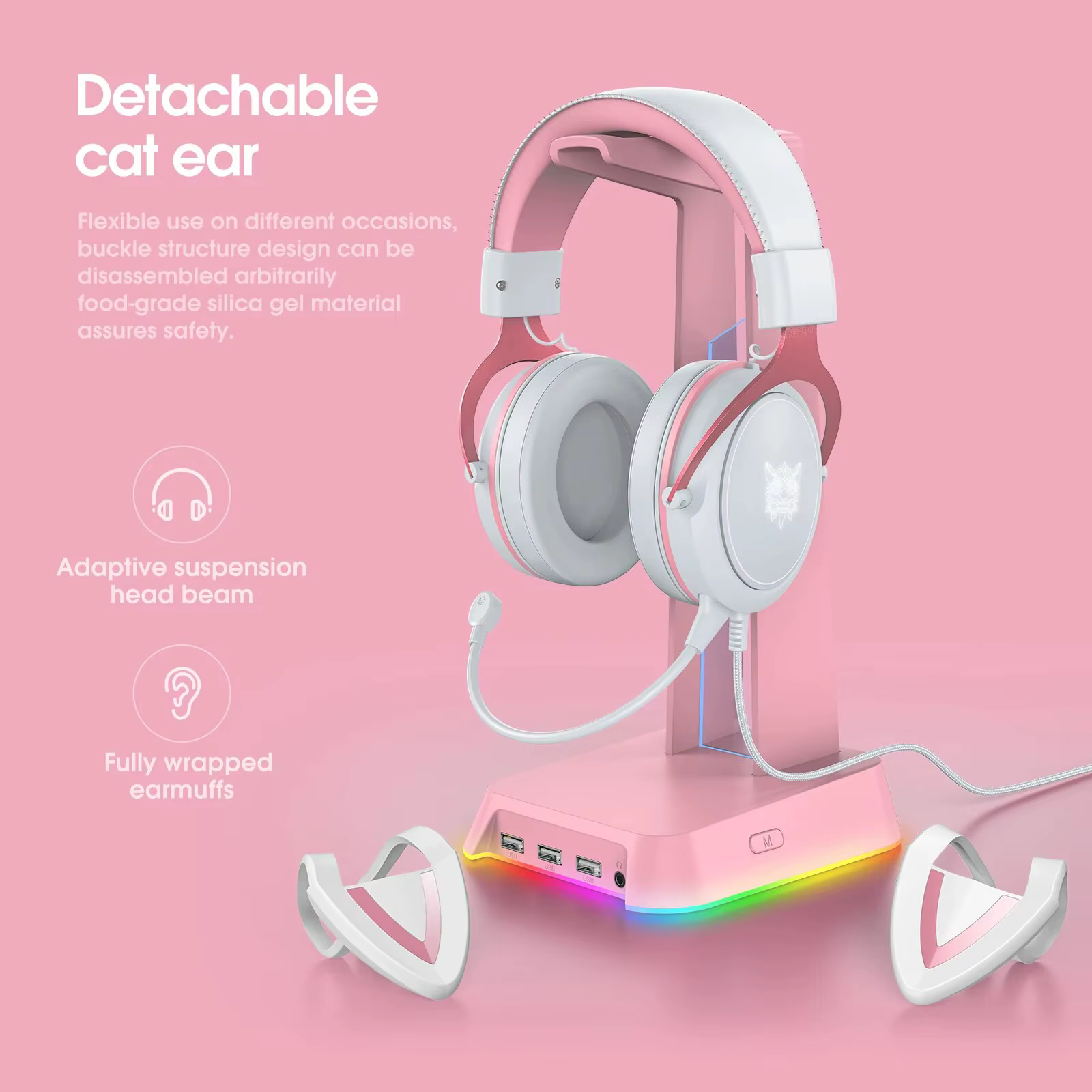 ONIKUMA-Casque de jeu X10 avec poignées amovibles, oreille de chat mignonne, éclairage RBG, casque d