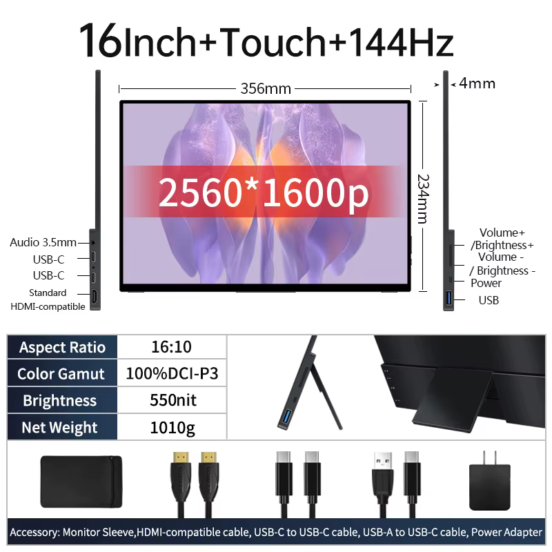 VCHANCE 16 ''2.5K 144hz moniteur Portable écran tactile 2560x1600p 16:10 550nit affichage de jeu pou