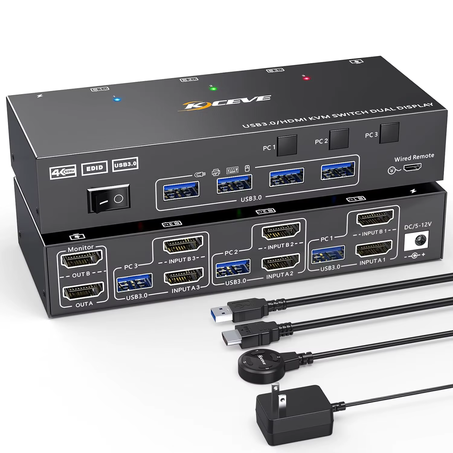 Commutateur de moniteur KVM pour touristes, USB 3.0, HDMI, 2 moniteurs, 3 aliments, émulateur EDID,