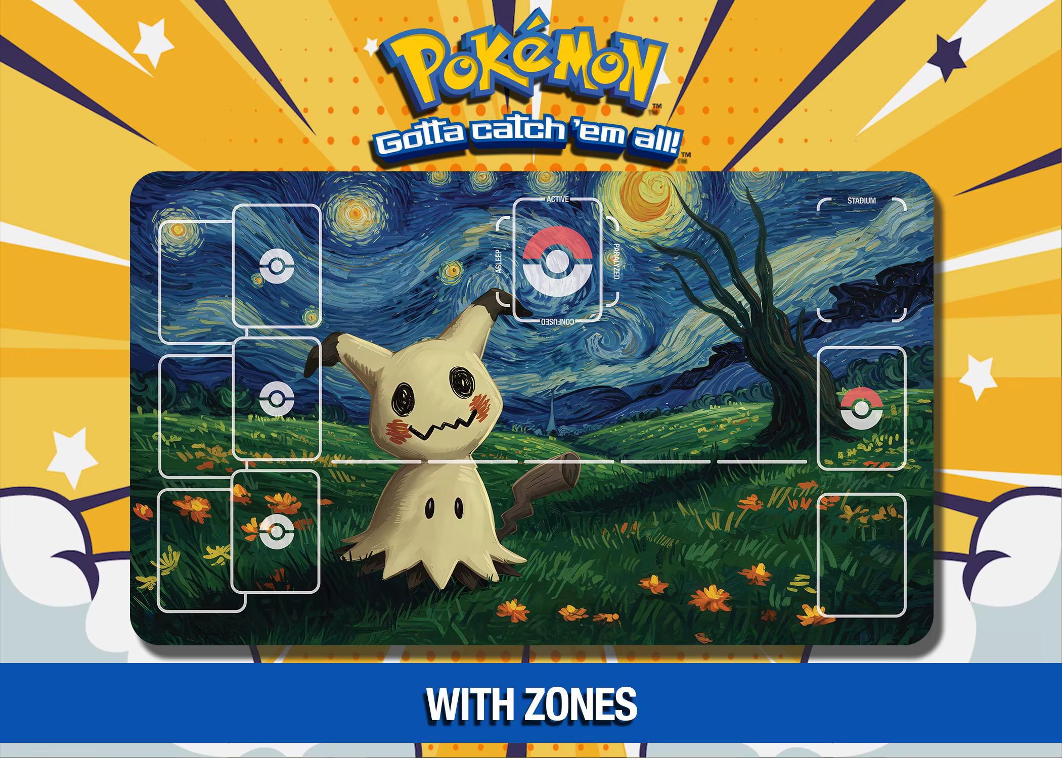 Tapis de jeu Pokemon Mimikyu With Zones, imperméable et antidérapant