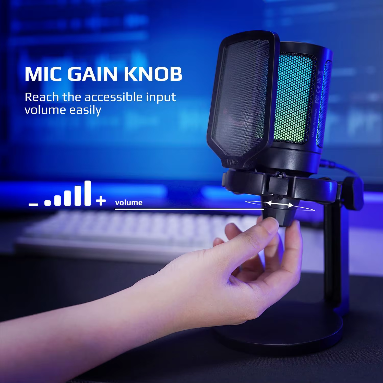 AmpliGame by FIFINE Microphone de jeu USB avec RVB, Bouton de gain, Muet tactile, Micro à condensate