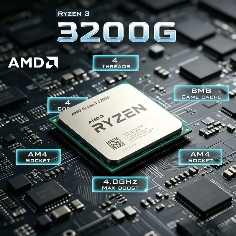 Processeur de jeu AMD Ryzen 3 3200G pour socket AM4, 3,6 GHz, quad-core, 4 threads, 65 W, avec carte