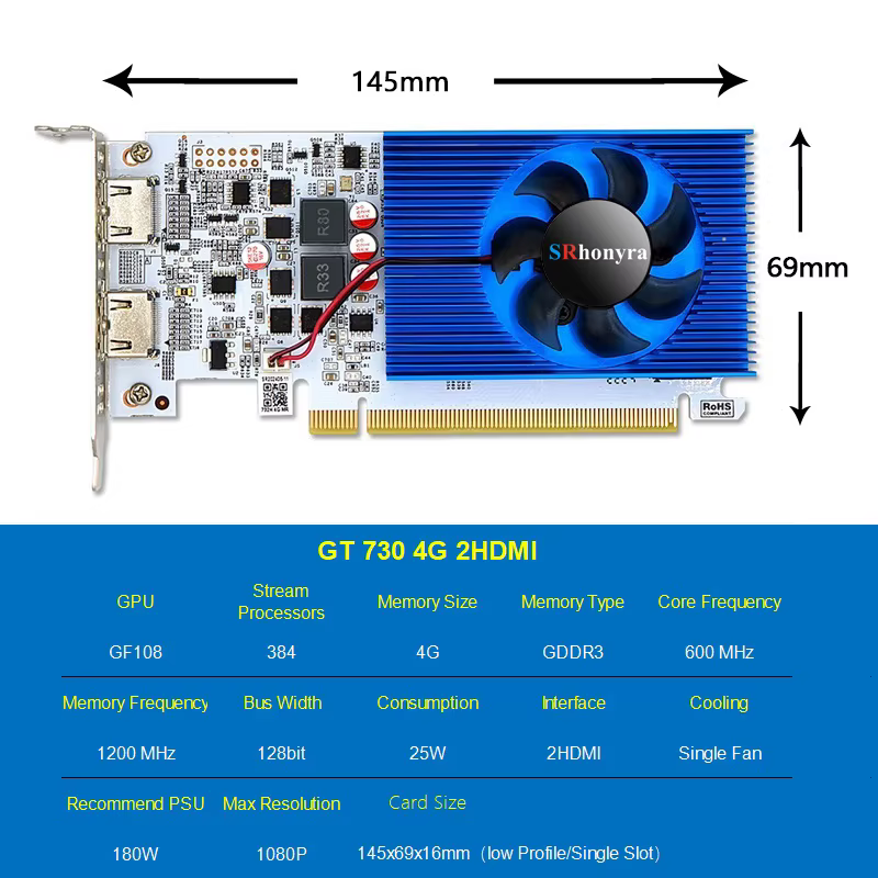 Carte graphique SRhonyra GT 730/RX 550/GT 1030/GTX1050/GTX 1050Ti 4 Go à profil bas compatible SFF/T