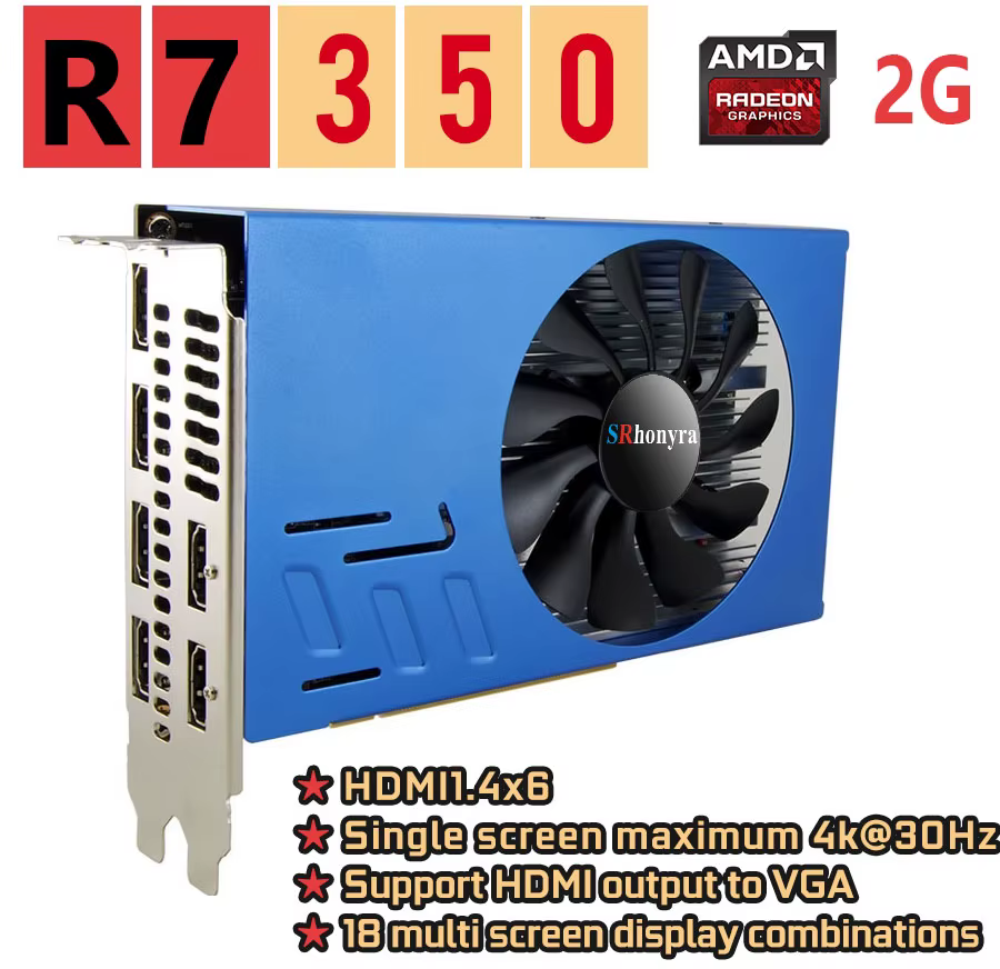 Carte graphique SRhonyra AMD R7 350 2/4 Go pour plusieurs moniteurs, GDDR5 128 bits, 6 HDMI, carte v
