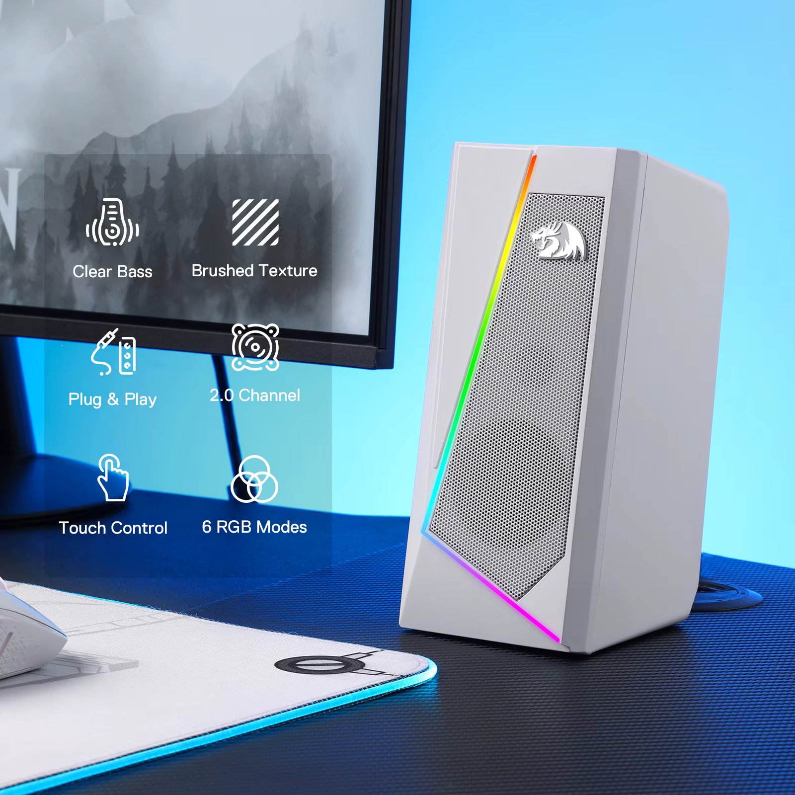 Redragon GS520 Haut-parleurs de bureau RVB, haut-parleur stéréo PC 2.0 canaux avec 6 modes LED color