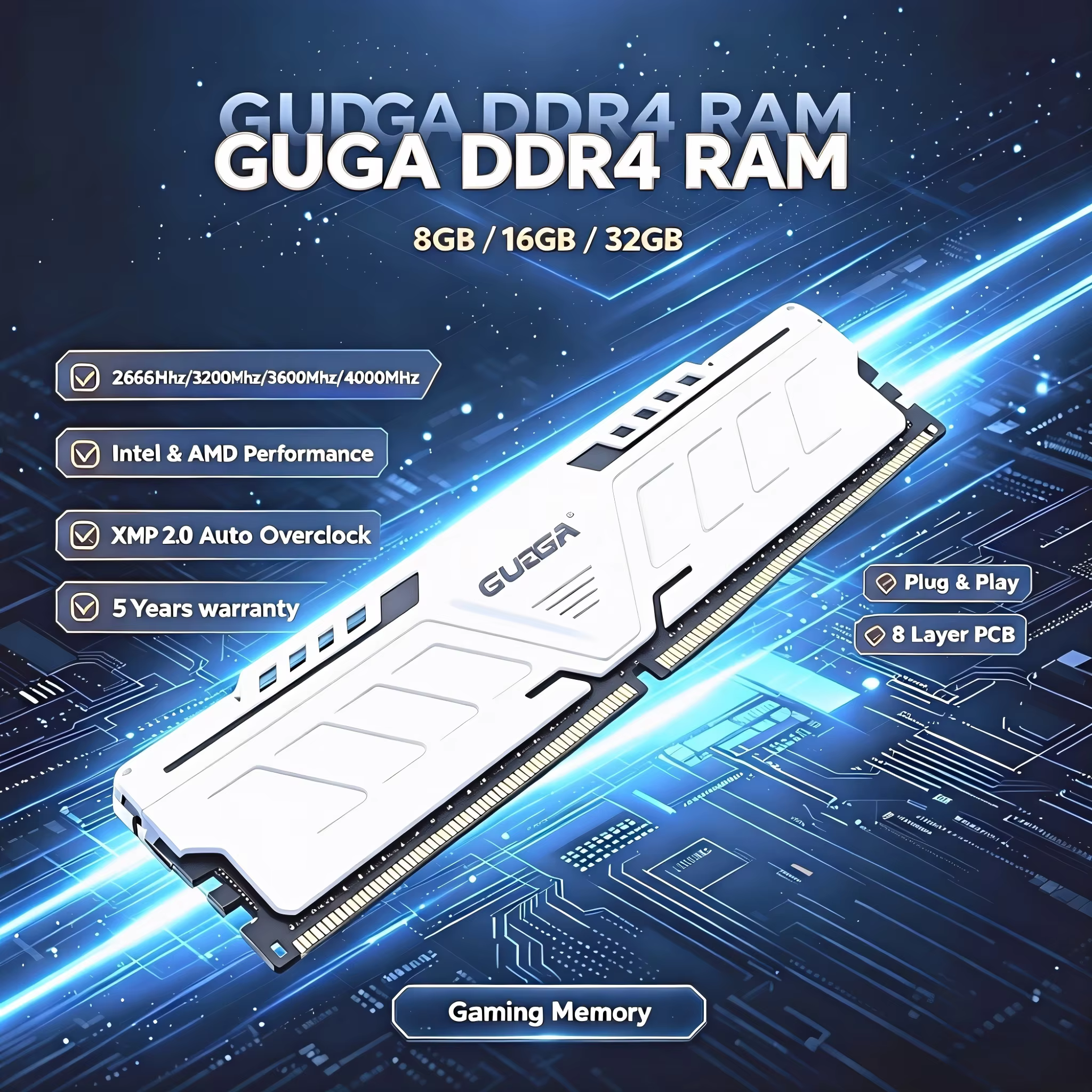 ‌ Mémoire de bureau GUDGA DDR4 RAM 3200MHz/3600MHz/2666MHz 8GB/16GB/32GB 288-Pin DIMM avec dissipate