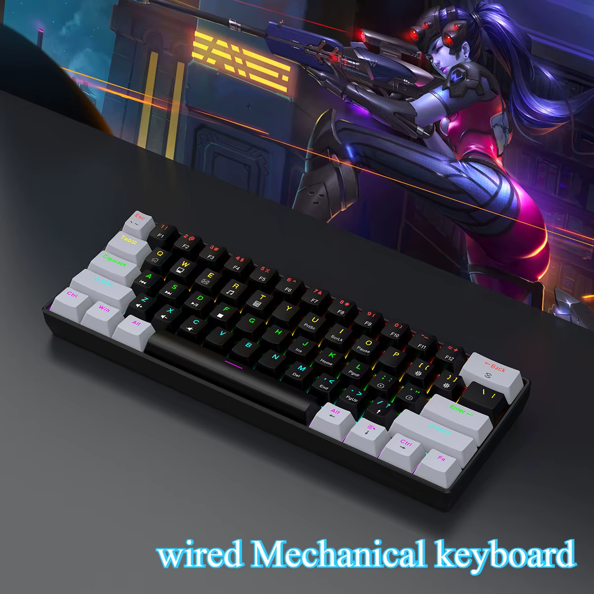 Clavier mécanique gamer 60% mini 61 touches rétroéclairé avec interrupteurs PC, clavier portable fil