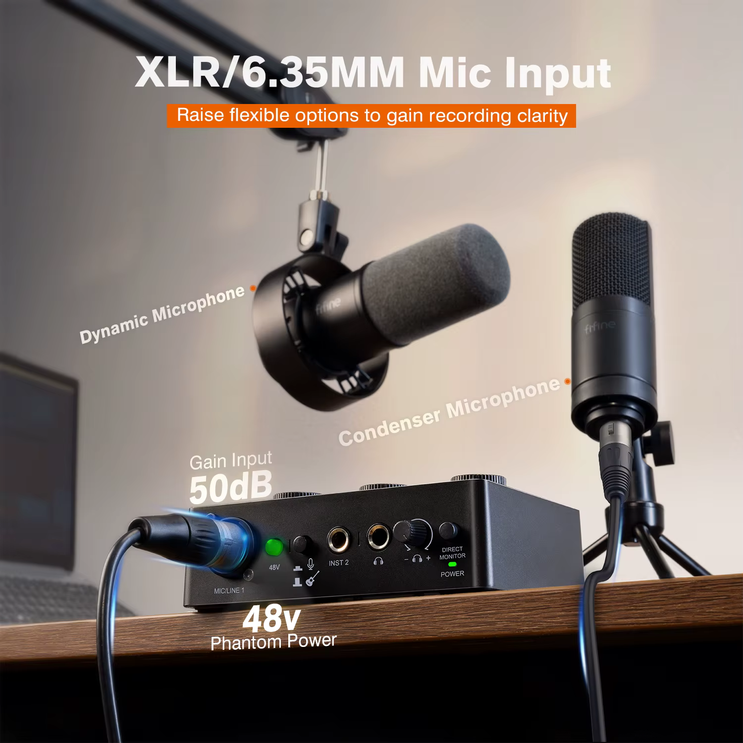 FIFINE Mélangeur de son pour microphone à condensateur avec bouton de gain, interface audio avec ali