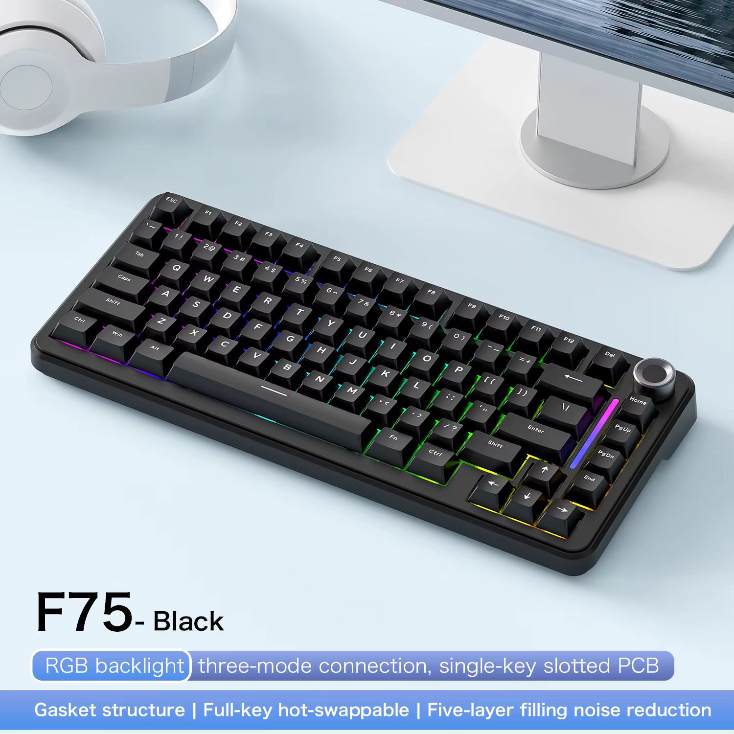 Clavier de jeu sans fil FREEWOL F75 RGB, 75% échange à chaud, mécanique, avec boutons métalliques, A