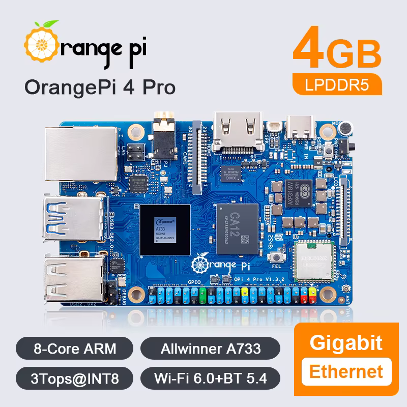 Ordinateur à carte unique Orange Pi 4 Pro 4 Go LPDDR5 RAM, Gigabit, 3 NPU Tops, emplacement M.2 M-Ke
