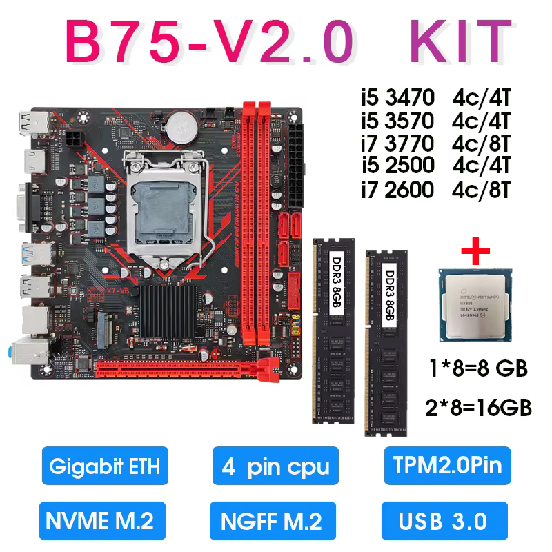Kit de carte mère B75 Mini ITX avec processeur 3470 3570 3770 2500 2600 et kit de mémoire DDR3 16 Go