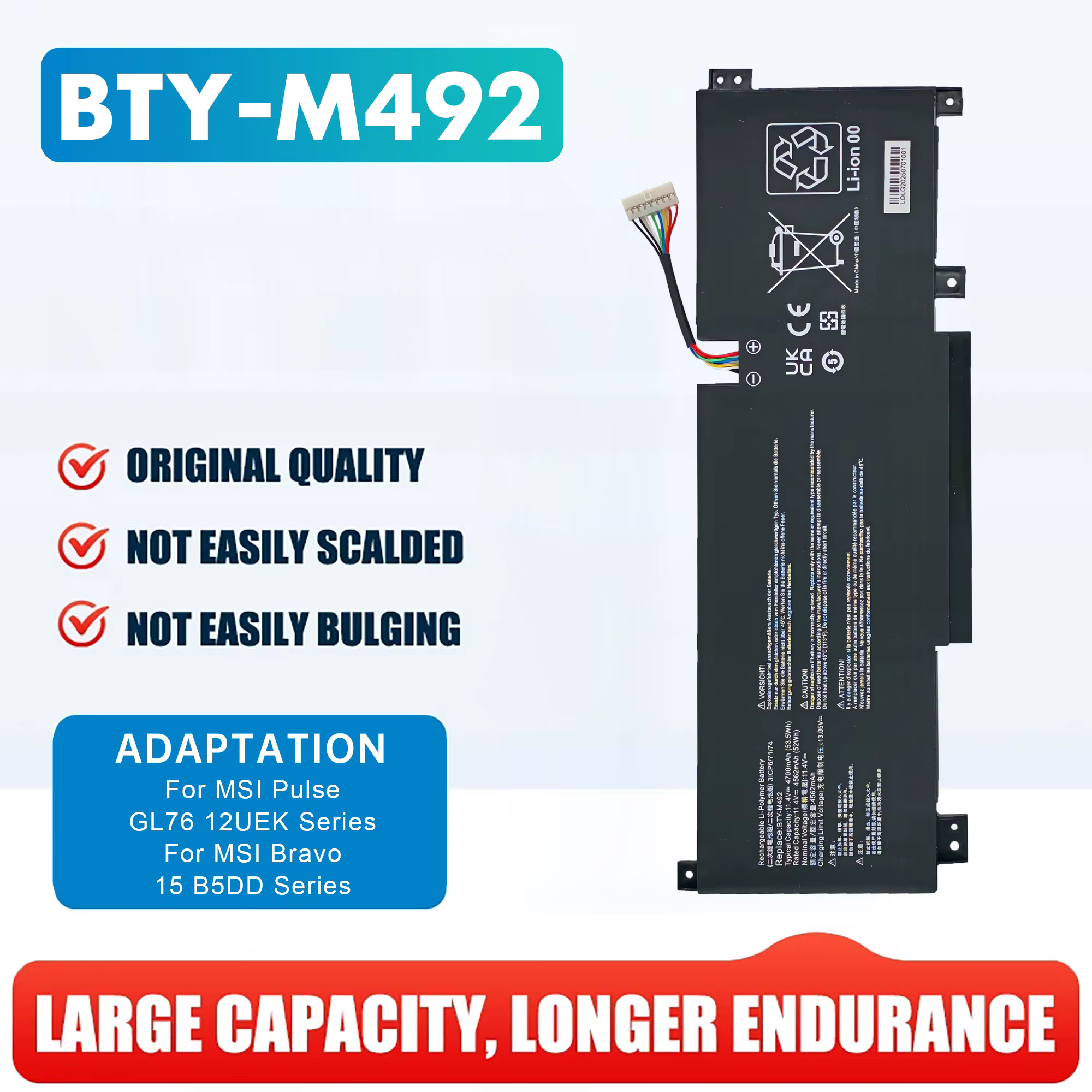 BTY-M492 (blanc) pour Msi Bravo C7VF furtif A13VF-021UK épée 15 A13V A11UE A11UG Cyborg 15 A12VF Cro