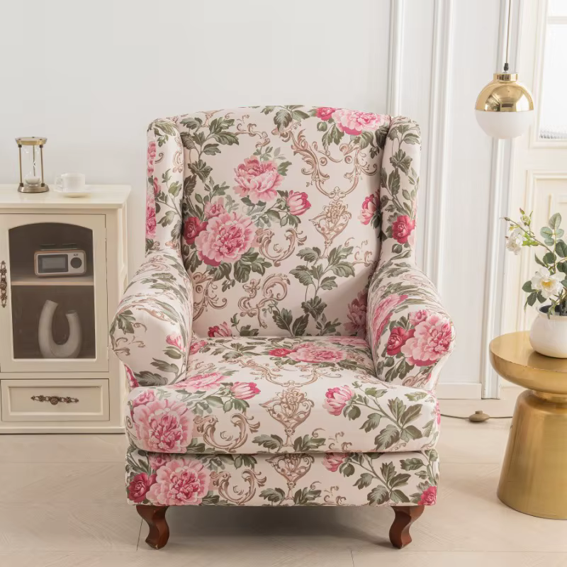 Housse de fauteuil à oreilles extensible en Spandex élastique, motif floral nordique, avec housse de