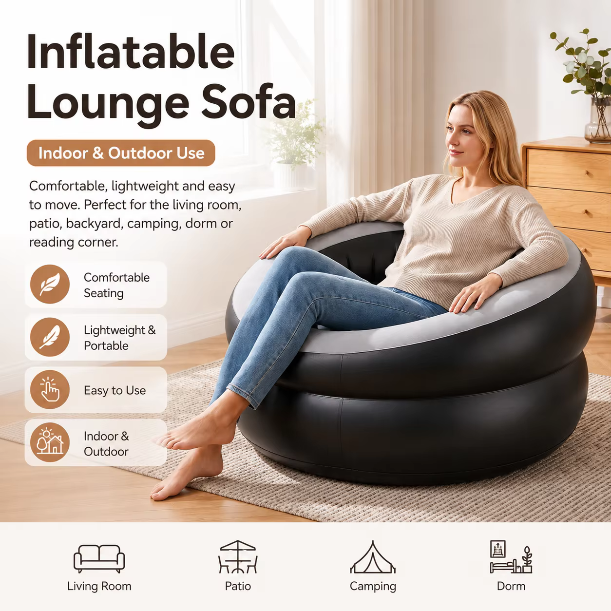Canapé gonflable confortable pour l'intérieur et l'extérieur, salon, camping, patio, siège relaxant