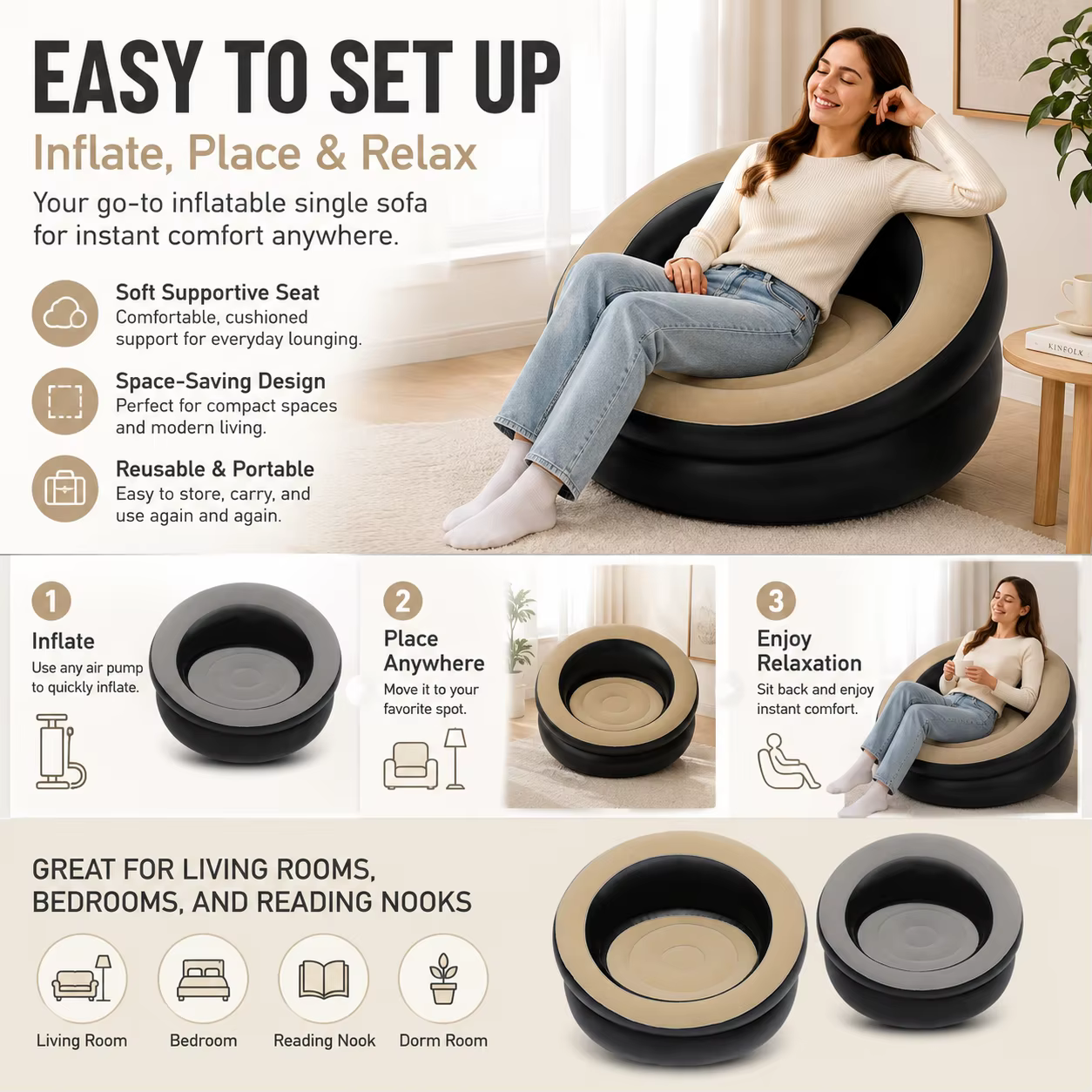 1PC Chaise longue gonflable portable, fauteuil simple, siège doux et confortable, canapé paresseux pour salon, chambre à coucher, bureau à domicile