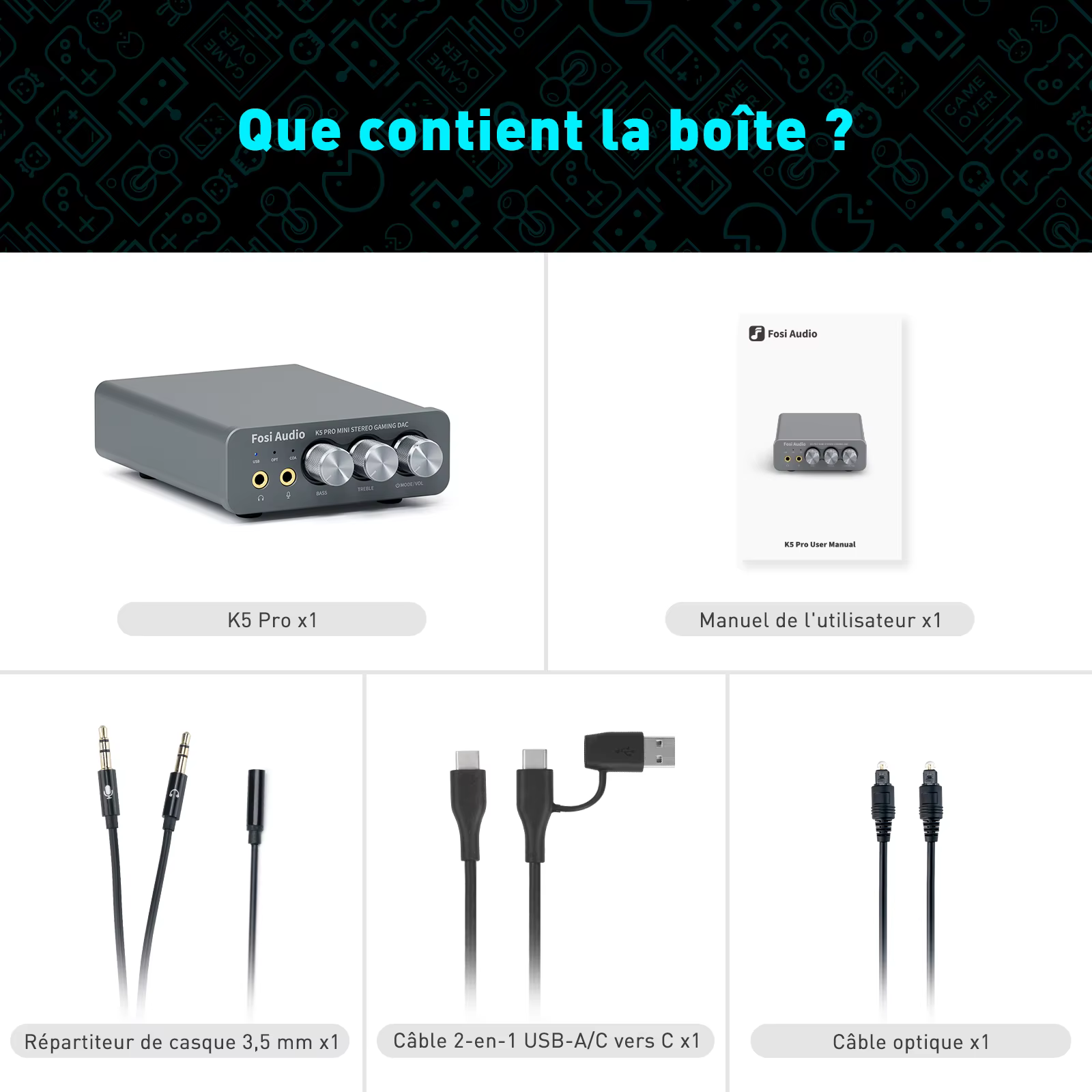 Amplificateur audio USB Fosi Audio K5 PRO pour jeux avec microphone