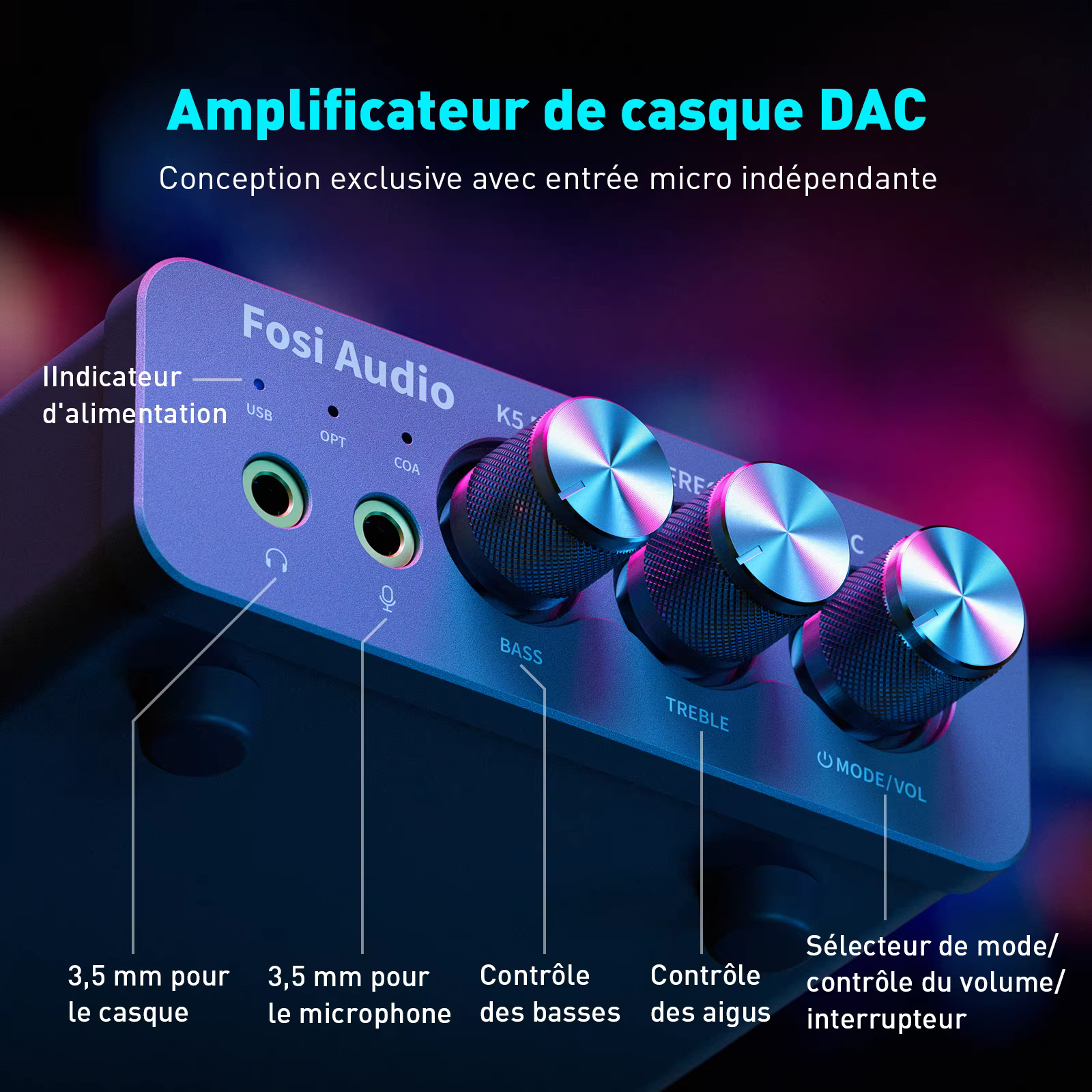 Amplificateur audio USB Fosi Audio K5 PRO pour jeux avec microphone