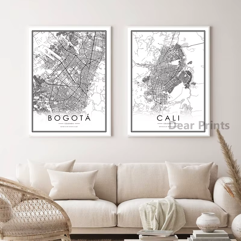 Affiche de carte de ville Bogota, images murales noires et blanches, imprimés de carte de ville Cali, peinture sur toile d'art mural moderne minimaliste, décoration de maison