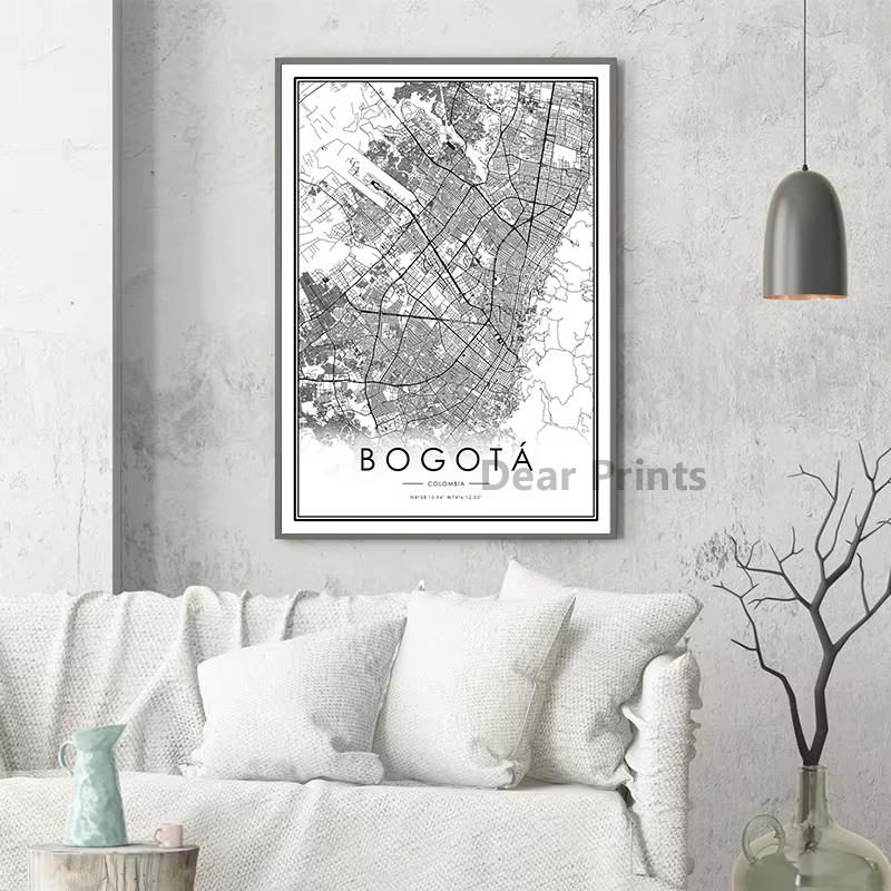 Affiche de carte de ville Bogota, images murales noires et blanches, imprimés de carte de ville Cali, peinture sur toile d'art mural moderne minimaliste, décoration de maison