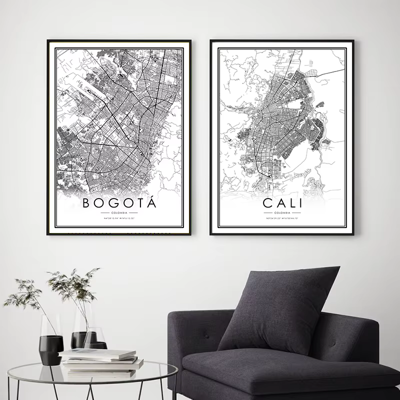 Affiche de carte de ville Bogota, images murales noires et blanches, imprimés de carte de ville Cali, peinture sur toile d'art mural moderne minimaliste, décoration de maison