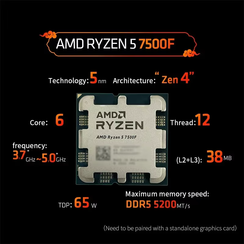 Processeur de jeu pour ordinateur de bureau AMD Ryzen5 7500F 5NM 3.7GHz 6 cœurs 12 threads 32 Mo L3 65W AM5 DDR5 Haute performance Spécifications complètes