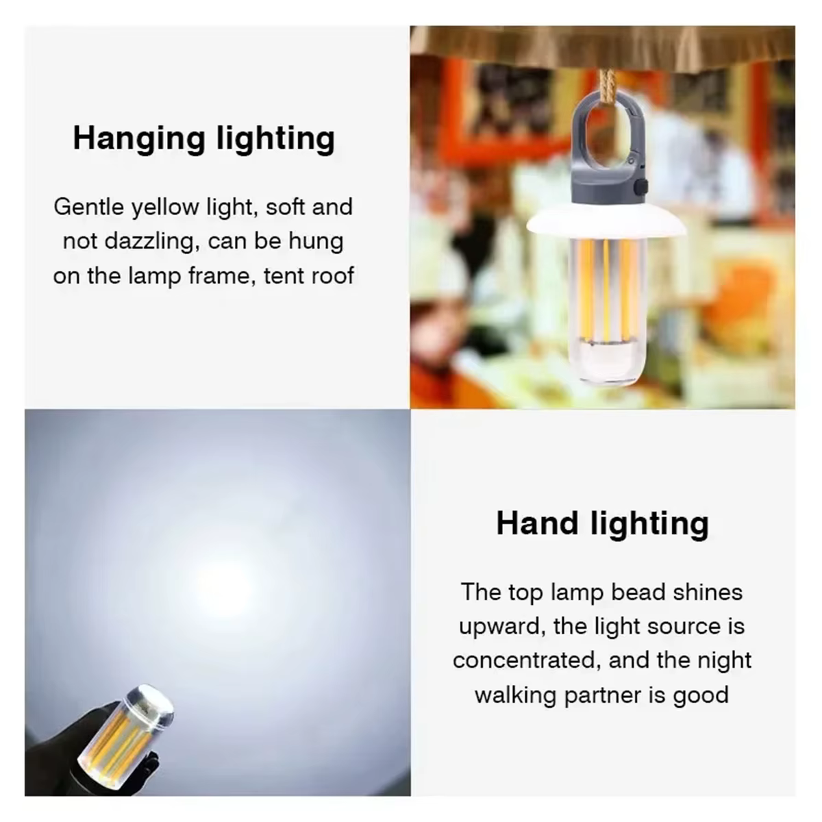 Portable USB Rechargeable LED Camping travail lumière lanterne lampe de poche étanche Super lumineux extérieur lampe à main avec crochets