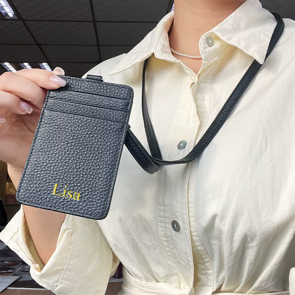 Porte-cartes de travail multifonctionnel en cuir personnalisé avec cordon, pour hommes et femmes, pour cartes de crédit, cartes d'identité, porte-monnaie