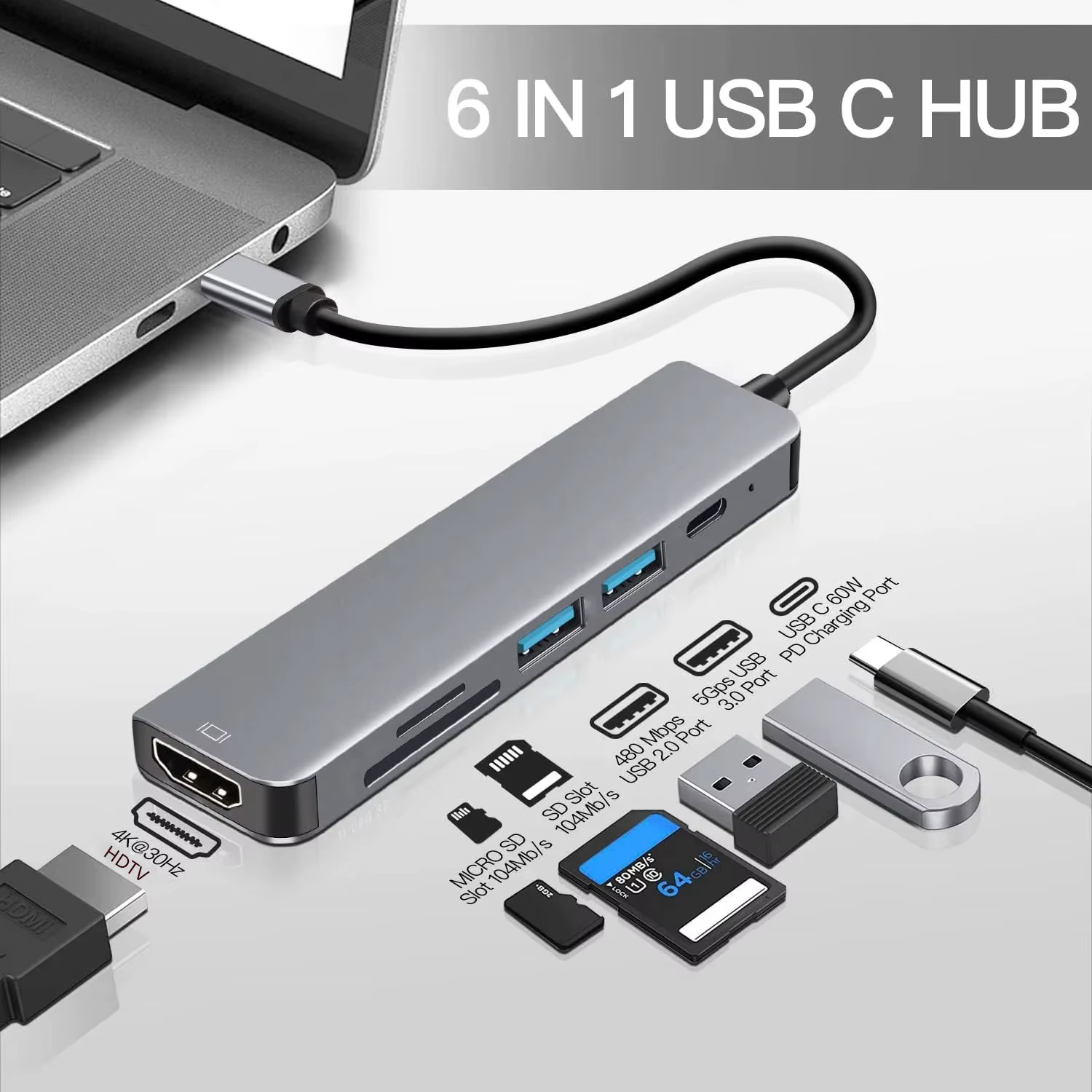 Hub USB C à 6 Ports vers lecteur de carte SD TF 4K