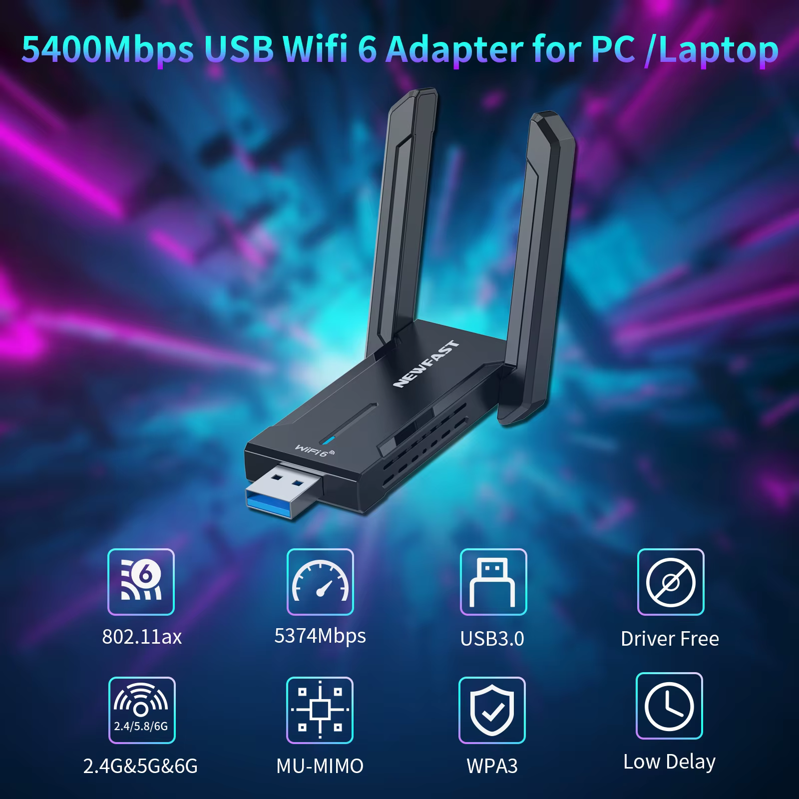 NEWFAST 5400Mbps WiFi6 Wifi adaptateur 2.4/5.8/6Ghz Gigabit 2 2*2dBi antennes USB3.0 carte réseau sans fil de jeu pour PC Win10/11