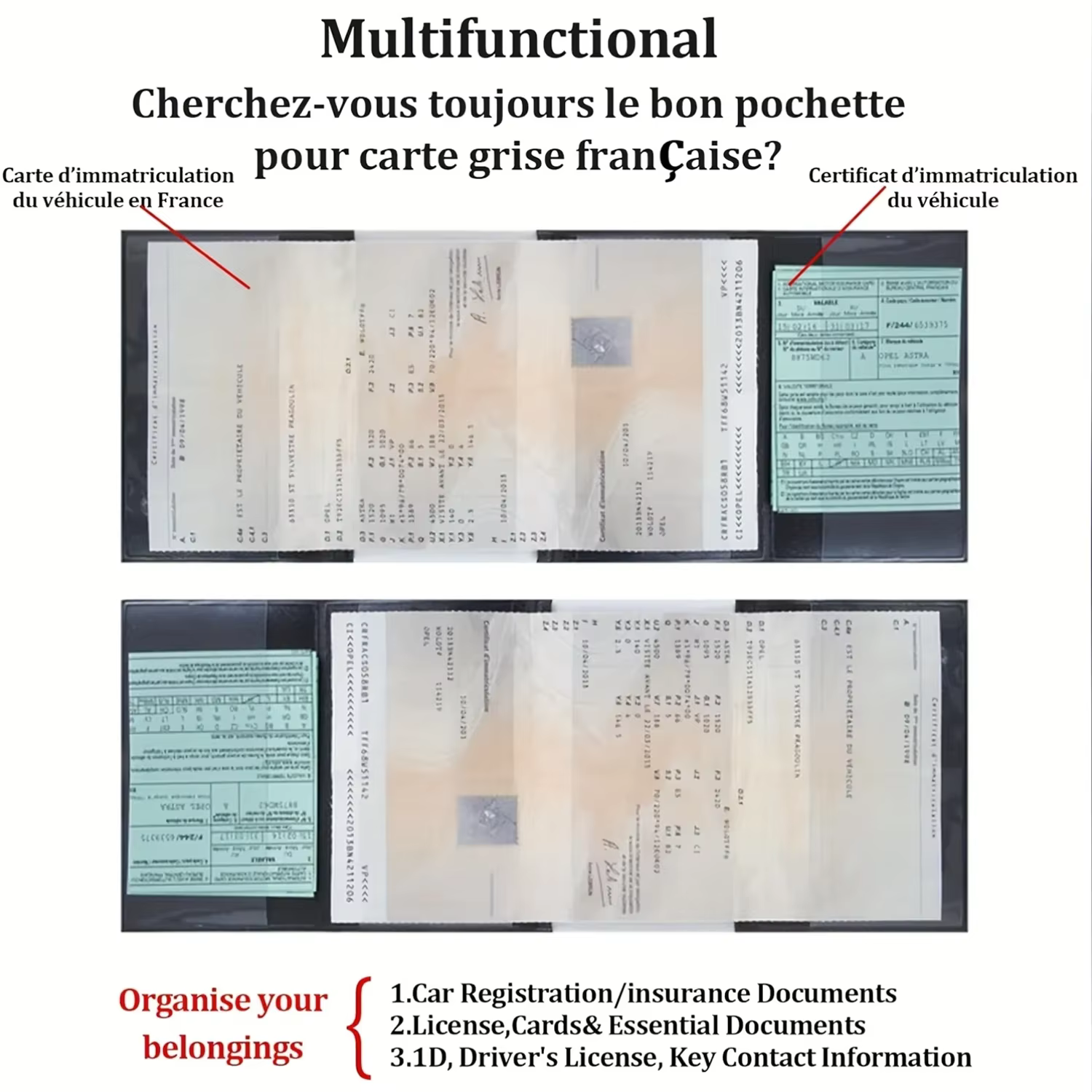 Porte-cartes 4-en-1, porte-documents de véhicule, porte-plaque d'immatriculation portable pour voiture et moto, essentiels pour les voyages et les affaires