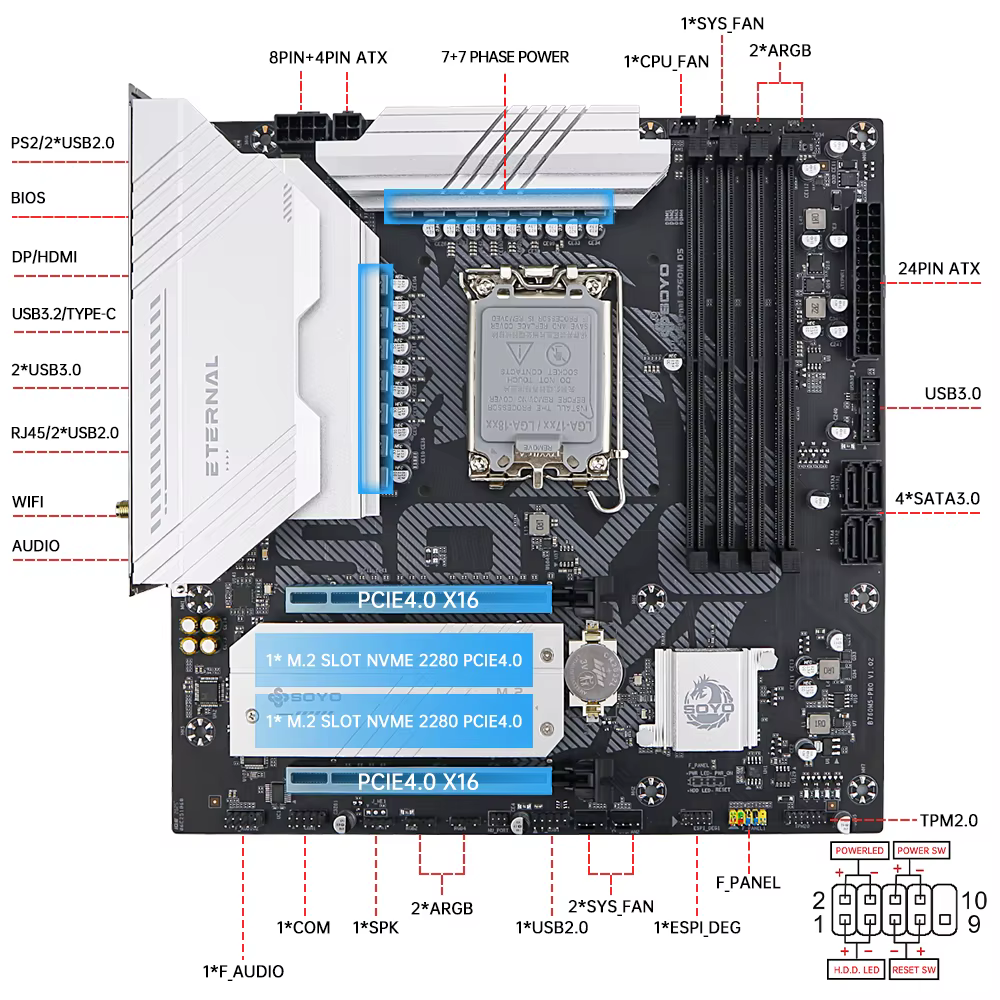 SOYO B760M D4 WiFi DDR4 LGA 1700 Intel B760 M-ATX carte mère 2 * M.2 PCIe 4.0 type-c WiFi6 ARGB USB3.2 pour processeur 12/13/14ème