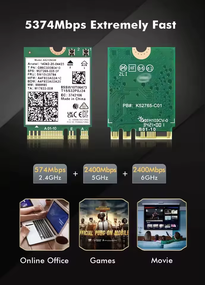 Carte sans fil WiFi 6E AX210 5374Mbps BT5.3 Tri-bande 2.4GHz/5GHz/6GHz 802.11ax