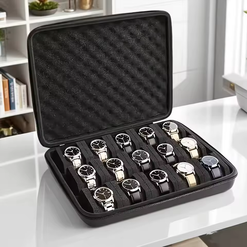 Boîte de rangement de montres de qualité supérieure, boîte de rangement de montres à 15 emplacements pour cartes, boîte de rangement de bijoux portable, vitrine, adaptée à la maison