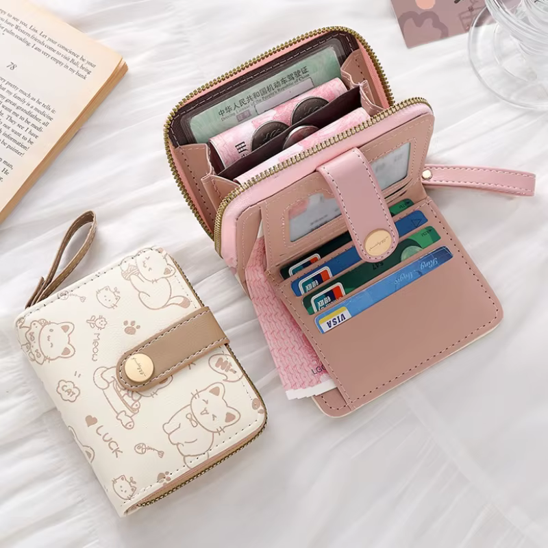 Porte-monnaie en cuir PU pour filles, 1 pièce, chat mignon, dessin animé, court, grande capacité, léger, porte-carte d'identité, Mini portefeuille à la mode