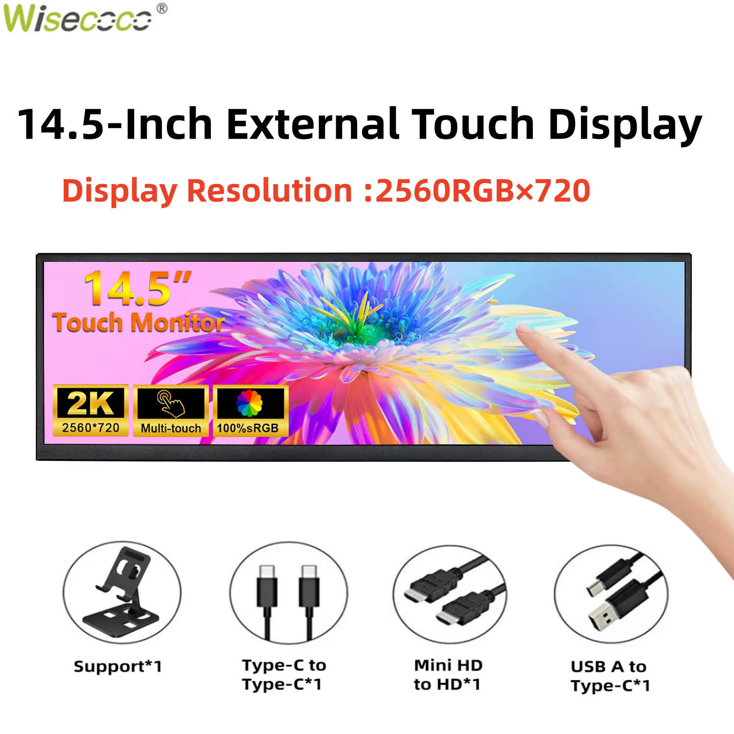 Wisecoco12.3/14.5 ''2560x720 barre étirée écran Pc moniteur HDMI tactile Portable