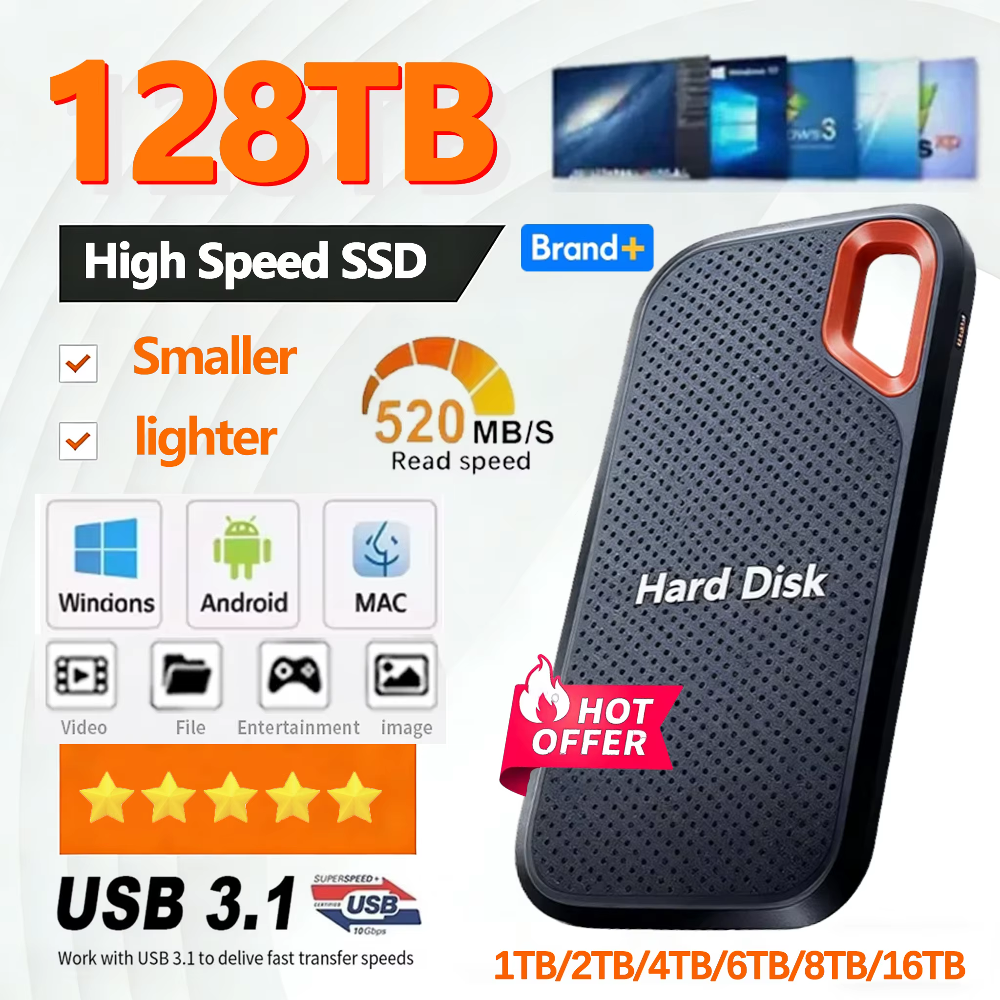 Disque SSD portable de grande capacité 128 To