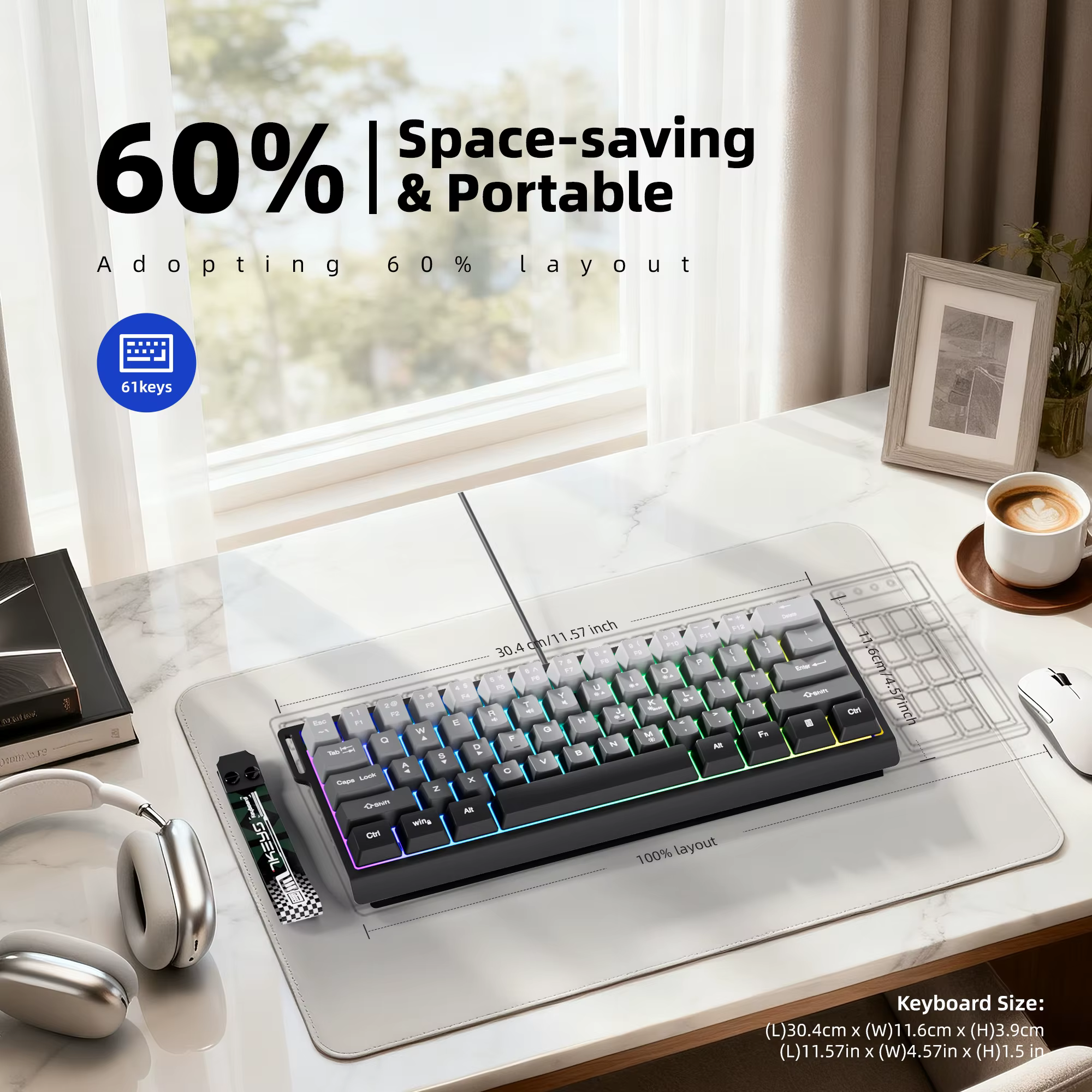 Clavier filaire compact à 60 % avec rétroéclairage RVB et touches de couleur dégradée